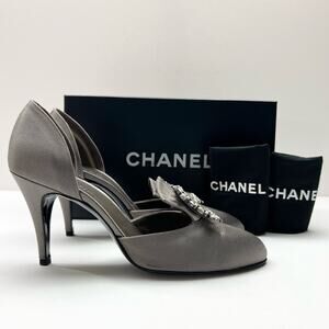 CHANEL Crystal Embellished D'Orsay Pumps EU 39.5 US 9.5 Dark Gray Satin Heels
